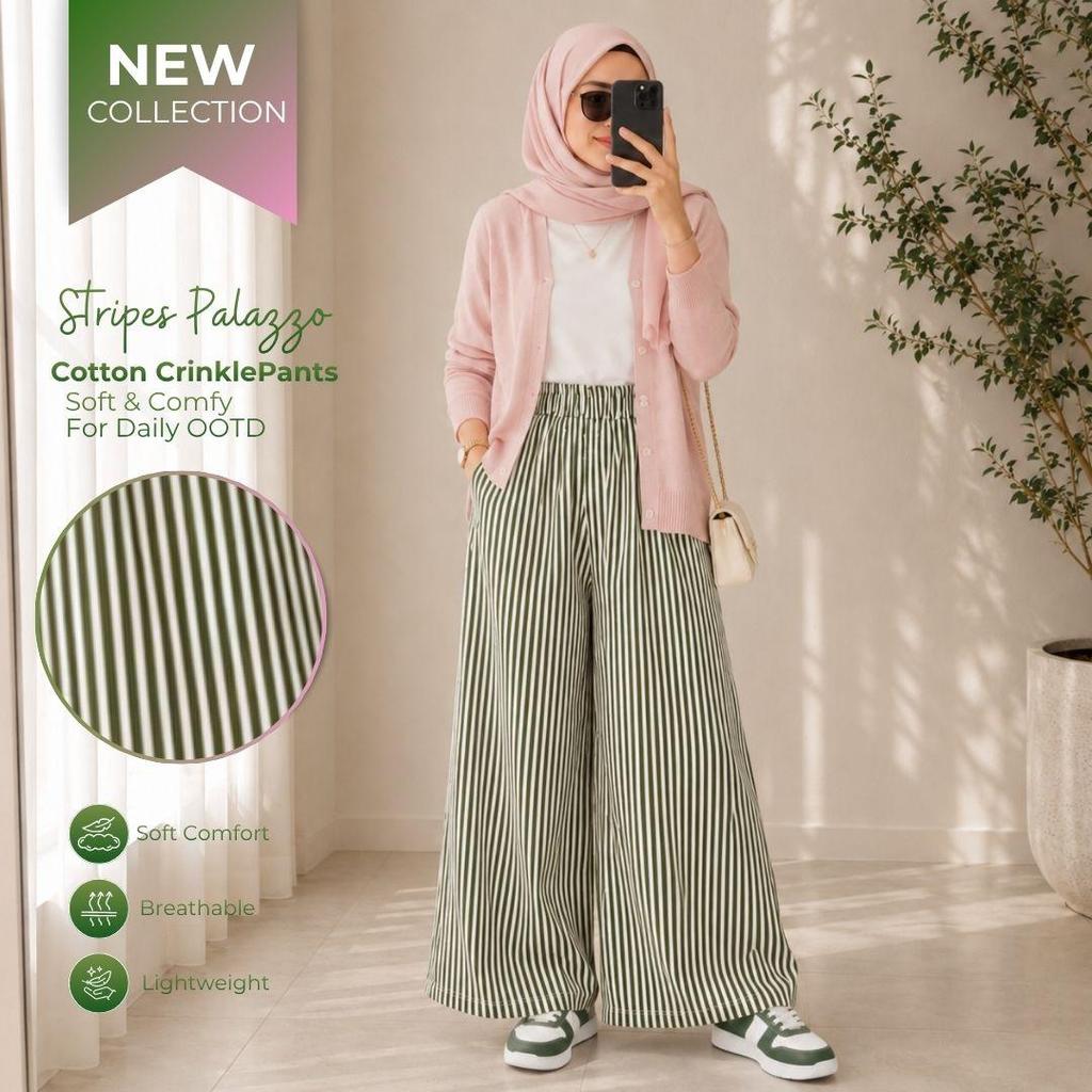 Amiably INARA Palazzo Pants Wanita Stripe Cotton Velvet Denim Ironless Pinggang Getah Poket Sisi