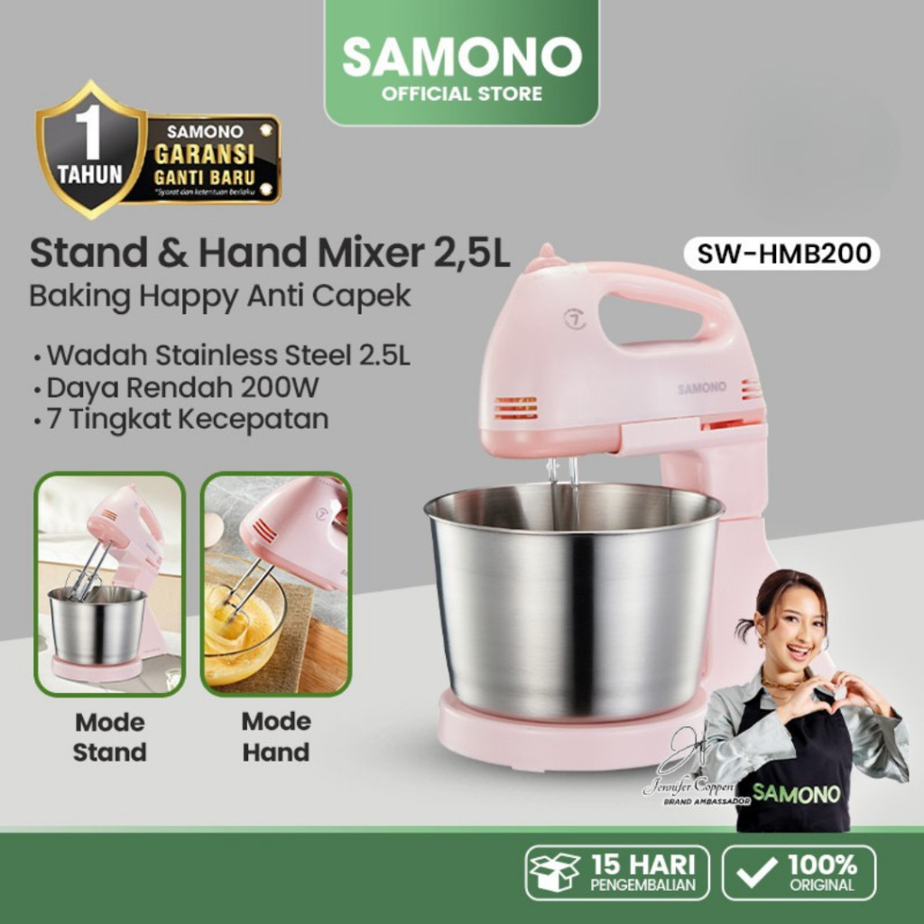 MESIN Latest Samono Stand Mixer 2.5L Pink Hand Mixer 2 in 1 Automatic Cake Dough Mixer Machine 200W Low Watt 7 Speed Food Grade Stainless Steel Container Multifunction Electric Egg Beater Bread Maker Official Warranty Original HMB200