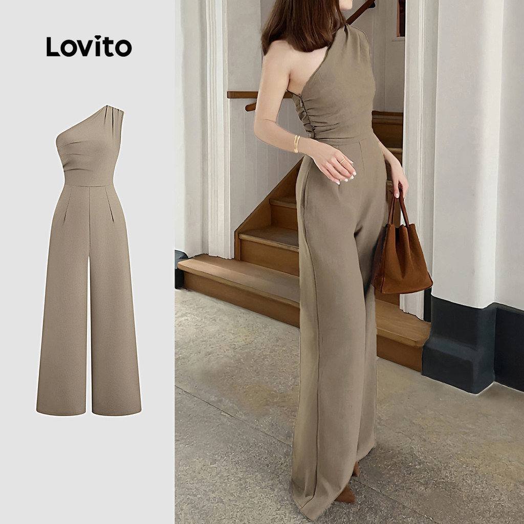 Lovito Elegant Ruched Spring/summer Jumpsuit for Women L143EDD558 Lovito Elegant Seluar Jumpsuit Musim B Panas dan Bunga Kerut Santai untuk Wanita L143EDD558