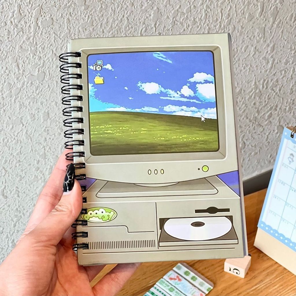 planner 2027 Jadual buku komputer retro, buku kolaj akaun tangan, buku bulatan garis, gaya kolaj gegelung besar lanskap Korea yang sederhana
