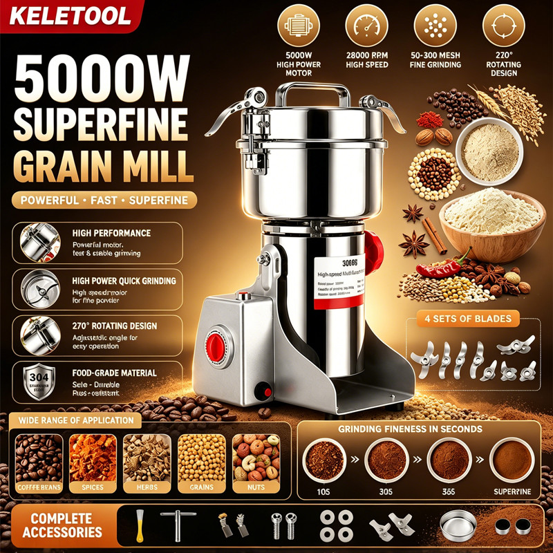 1200G High Capacity Electric Dry Grinder Stainless Steel Pulverizer Mesin Pengisar Serbuk Kering Superfine Mill For Spices Grain Coffee Nut Herbal Dry Food Commercial Home Use