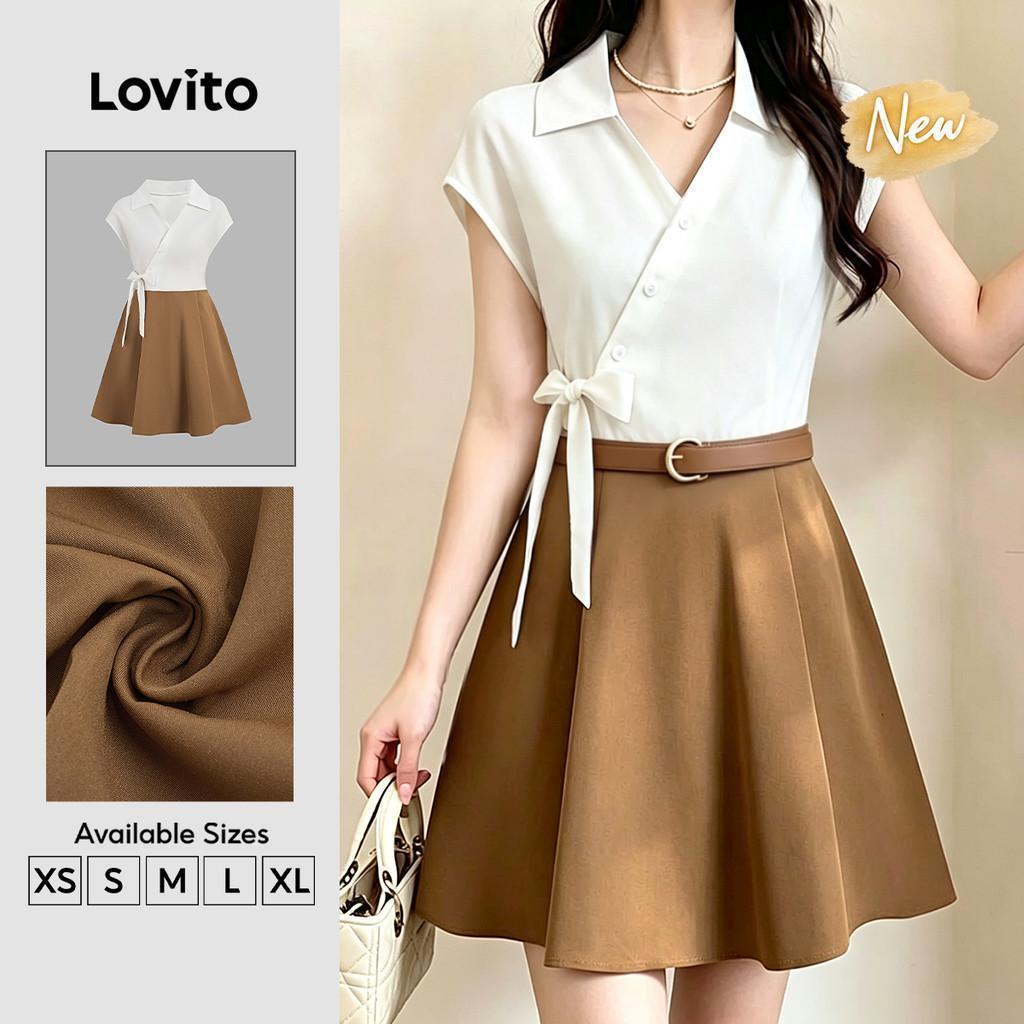 (New Arrival) Lovito Casual Dress Button Front Colorblock Lace Up Spring/summer Dress for Women DRB201P1D506 Lovito Gaun Kasual Depan Butang Potongan Warna Berbeza Renda Ikat Musim Bunga/panas untuk Wanita DRB201P1D506