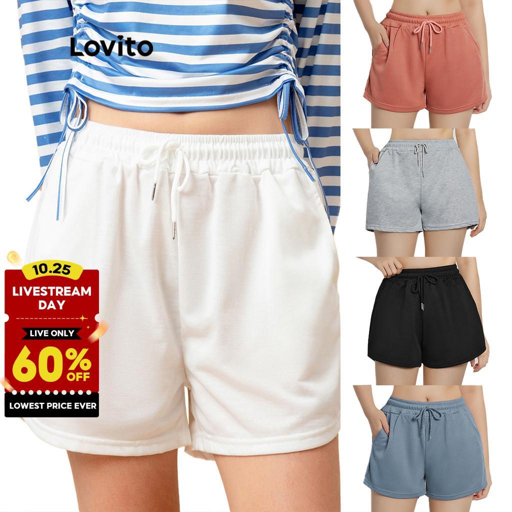 Lovito Casual Summer/Spring Solid Drawstring Shorts For Women L00242 White/Black/Grey/Pink/Blue