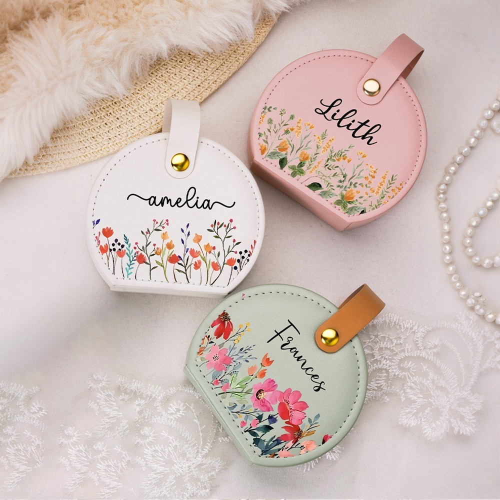 Floral Print Travel Jewelry Box with Custom Name Portable Storage for Rings Earrings Necklaces Gift for Women Bridesmaid Birthday