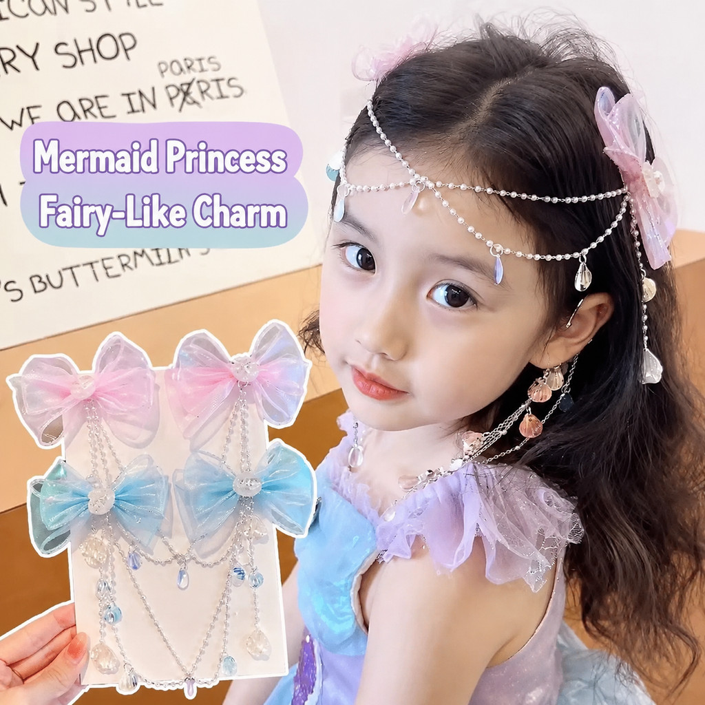 Mermaid Princess Hair Clip Chain Bow Headband Girls Forehead Chain Earrings Fairy Kids 美人鱼链条发夹儿童公主头饰蝴蝶结额头链女童耳挂卡发饰仙气 H131