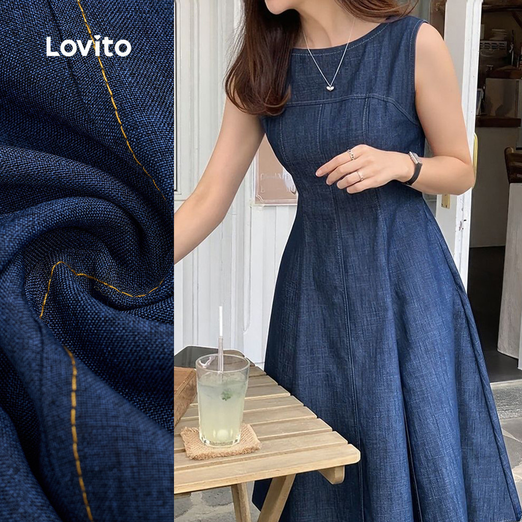 Lovito Elegant Dress Daily School Holiday Dating Travel Commute Simple Raw Wash Spring/summer Dark Blue Dress for Women L164ED376 Lovito Elegant Gaun Basuh Mentah Musim Bunga/musim Panas Biru Tua untuk Wanita L164ED376