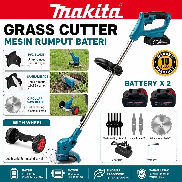 Makita Mesin Rumput Bateri Cordless Grass Cutter Mesin Potong Rumput Elektrik Trimmer Rumput Bateri