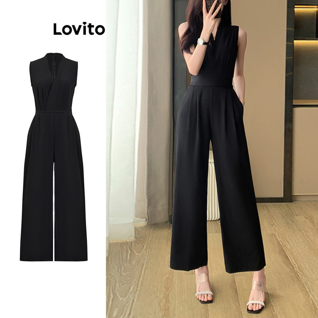 Lovito Casual Jumpsuit Plain Pleated Jumpsuit for Women L104ED525