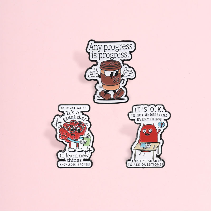 Positive Quote Brooch Pins Cartoon Coffee Cup Brain Character Brooch Metal Badge Mental Health Accessories Gift