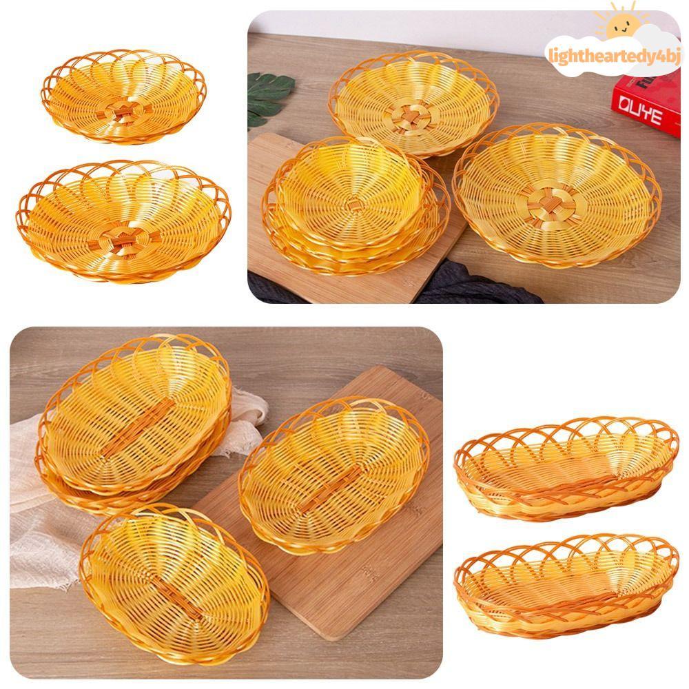 ILIGHTHEARTEDY4 Food Plate, Woven Round Imitation Rattan Basket, Plastic Fruit Tray Breakfast Cake Snack
