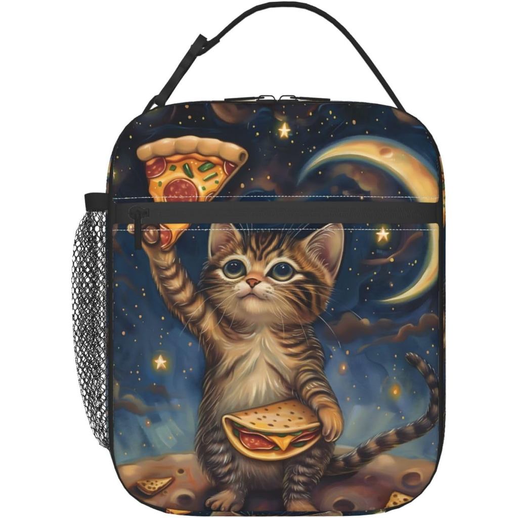 Kotak Makan Tengah Hari Berpenebat untuk Kanak-Kanak Lelaki dan Perempuan, Beg Makan Tengah Hari yang Boleh Digunakan Semula untuk Sekolah, Pejabat, Tempat Kerja, Berkelah, Perjalanan, Kotak Makan Tengah Hari Pizza Kucing Kosmik yang Comel