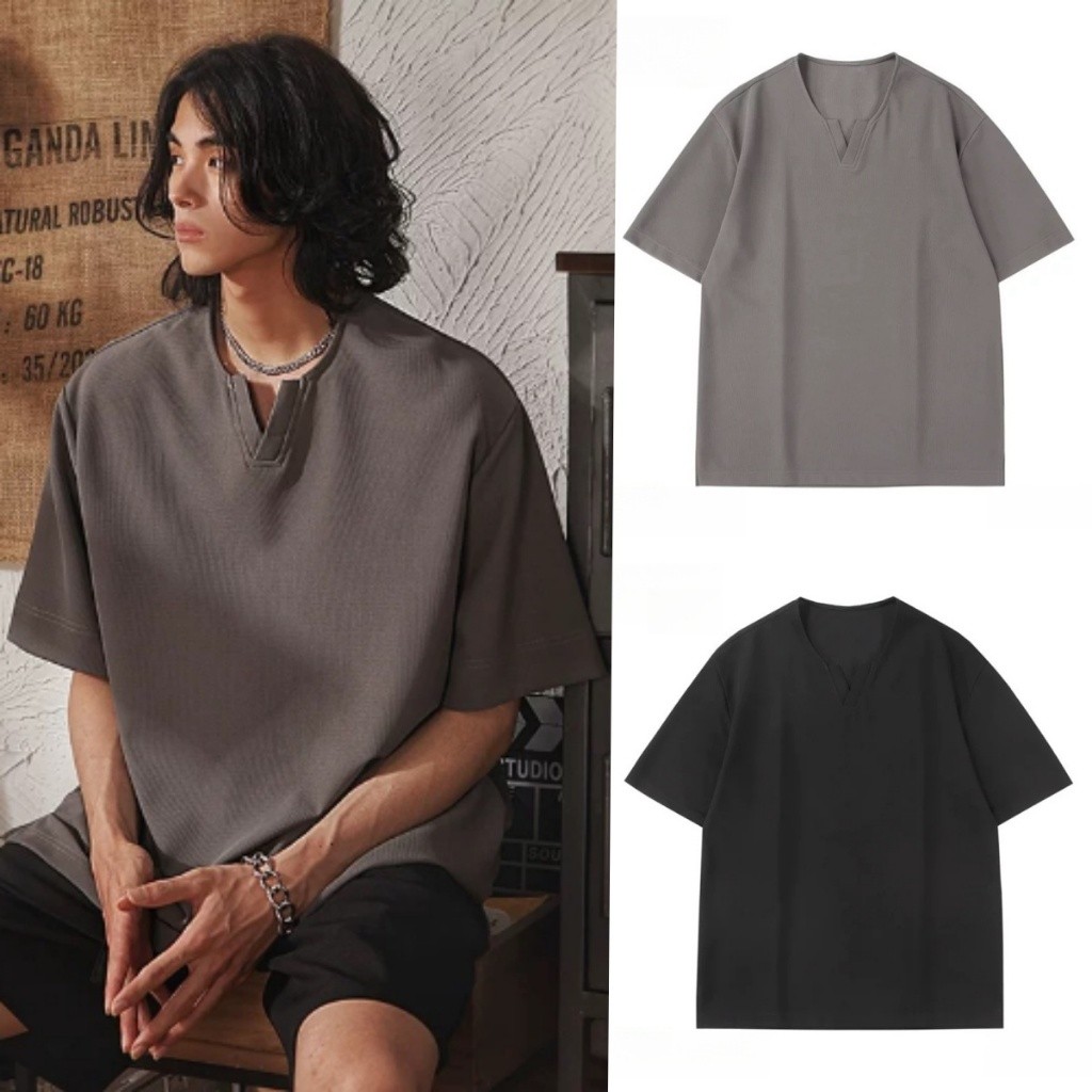 【READY STOCK】ProMan men plain waffle V-Neck Short Sleeve Simple baju t shirt lelaki berkolar hitam Lengan pendek basic