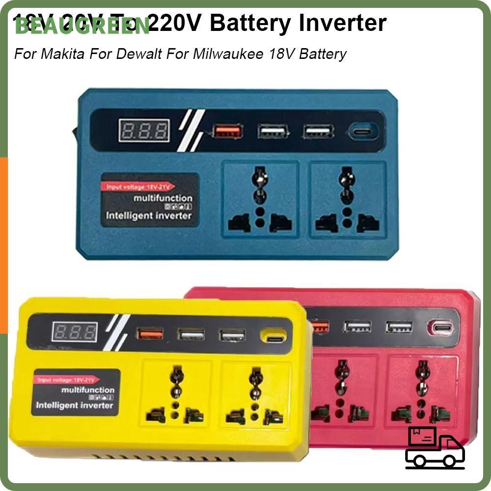 BEAUGREEN 1Pcs Battery Inverter, 18v 20v To 220v Dual Plug Smart Transformer, 120W with 4 USB LED Socket Multifunctional Outdoor Work Inverter