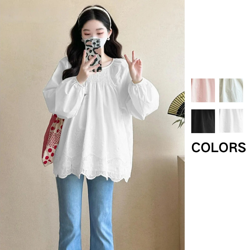 XZSS[Ready Stock In Malaysia]Fashionable Women Loose Korean Style Solid Color Long Sleeved Design Embroidered Lace Shirt Spring Autumn Loose Top