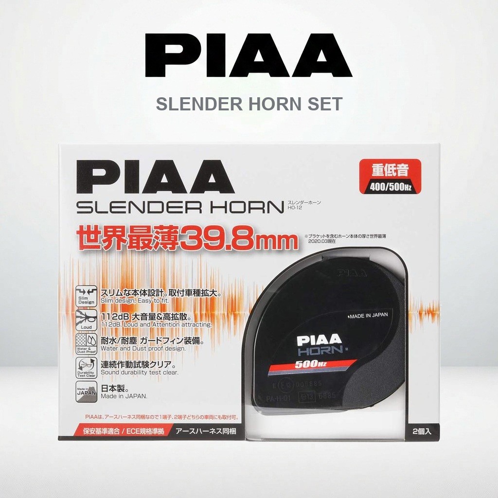 PIAA HO-12 Slender Horn 400Hz + 500Hz Dual Tone - 112dB Slim Car Horn, Set of 2, Only 39.8mm Deep, Earth Harness Included, 12V, Japan | hon kereta