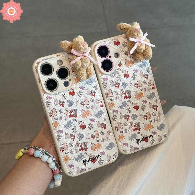 Case Compatible for IPhone 17 16 11 12 13 15 14 Pro Max Air 16 14 15 Plus 16 Pro Vintage Art Flowers Leaves Cute Rabbit Luxury Leather Texture Full Lens Soft Case