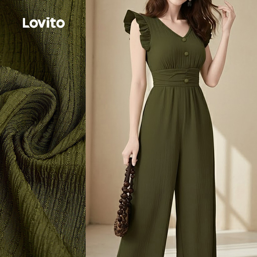 Lovito Casual Jumpsuit Jacquard Ruffle Spring/summer Green Jumpsuit for Women LK2ED079 Lovito Jumpsuit Kasual Jacquard Ruffle Musim Bunga/musim Panas Hijau untuk Wanita LK2ED079