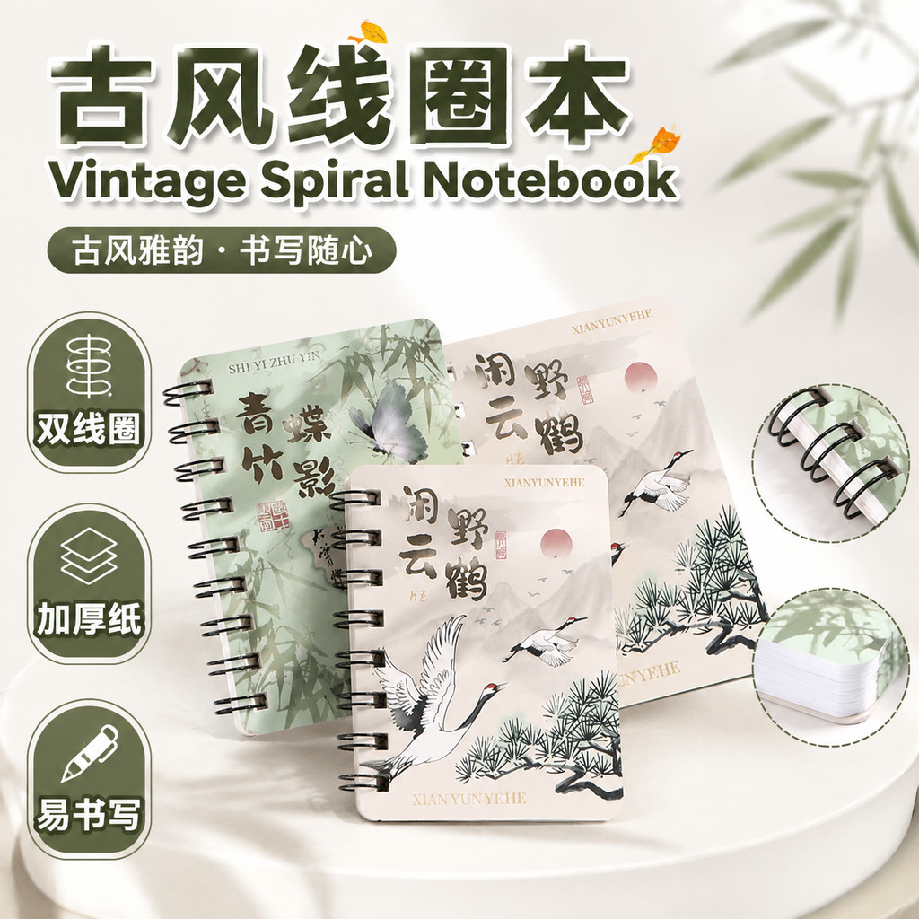 Buku Nota Spiral Gaya Tradisional 艺蓝国潮古风线圈本 Vintage Spiral Notebook 中国风便携记事本笔记本青竹蝶影 Pocket Notebook