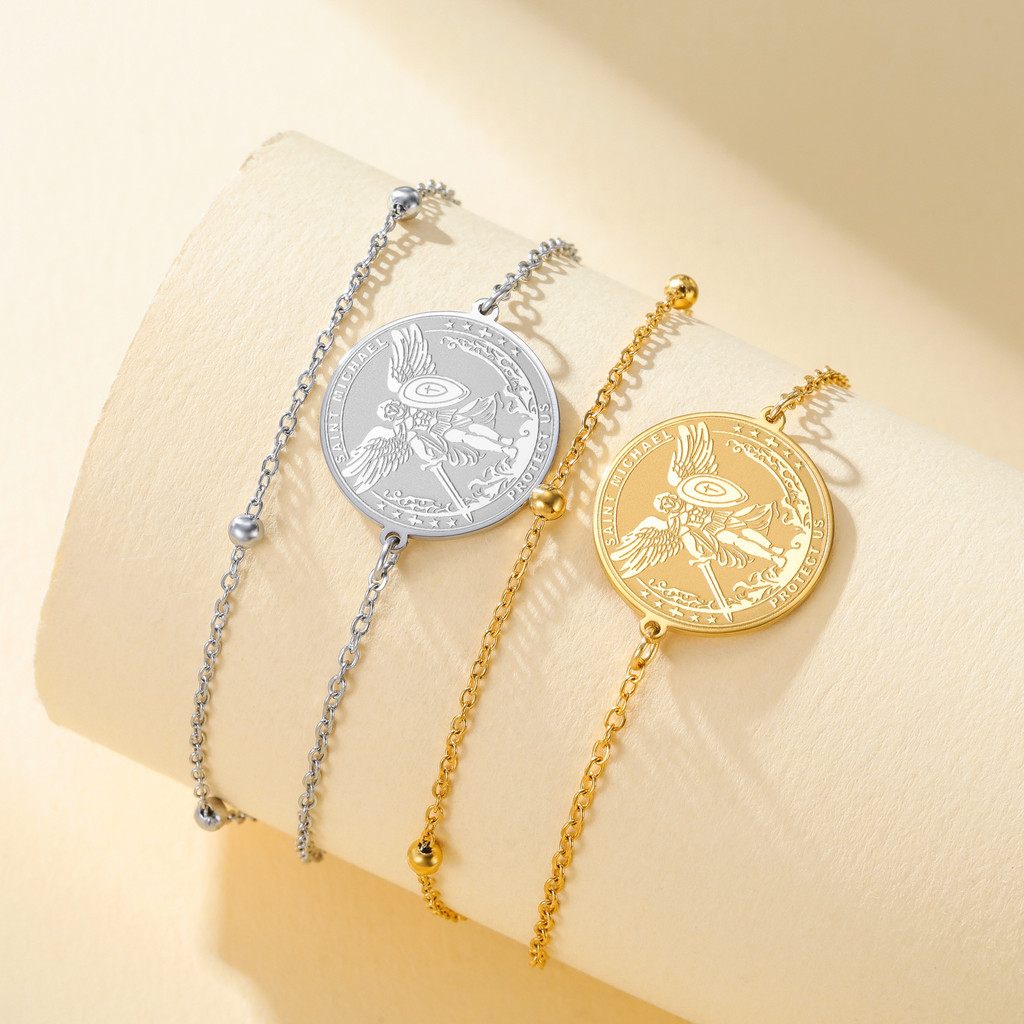 SKYRIM Archangel Saint Michael Emboss Bead Stainless Steel Chain Bracelets For Women Amulet Lucky Guard And Justice Jewelry Gift