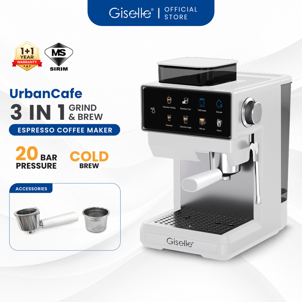 Giselle 20 Bar Digital Espresso Coffee Maker Machine | Automatic Grinds & Brews | Cold Brew | Milk Frothing (1350W)
