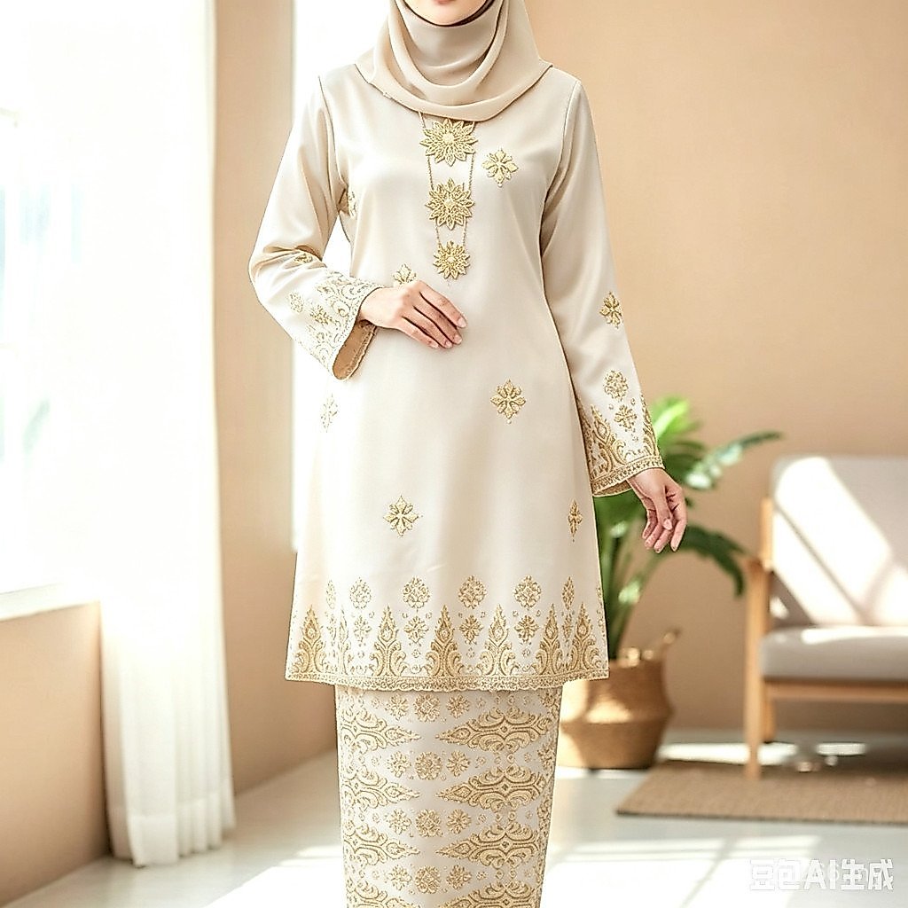 New Style Gold Thread Embroidery Baju Kurung Satin Suit Muslim Long-Sleeved Two-Piece Suit Malaysia Kaizhai Festival Banquet Traditional Women's Clothing