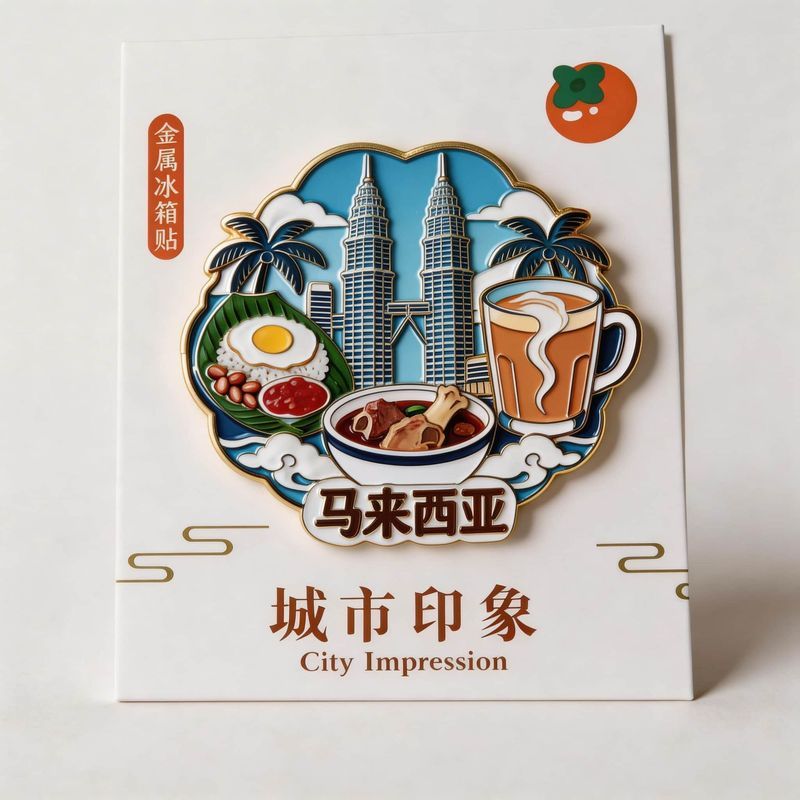 热卖马来西亚城市印象风情旅游纪念品手工艺品金属浮雕冰箱贴 Best-selling Malaysian city-themed tourist souvenirs and handicrafts: metal embossed refrigerator magnets