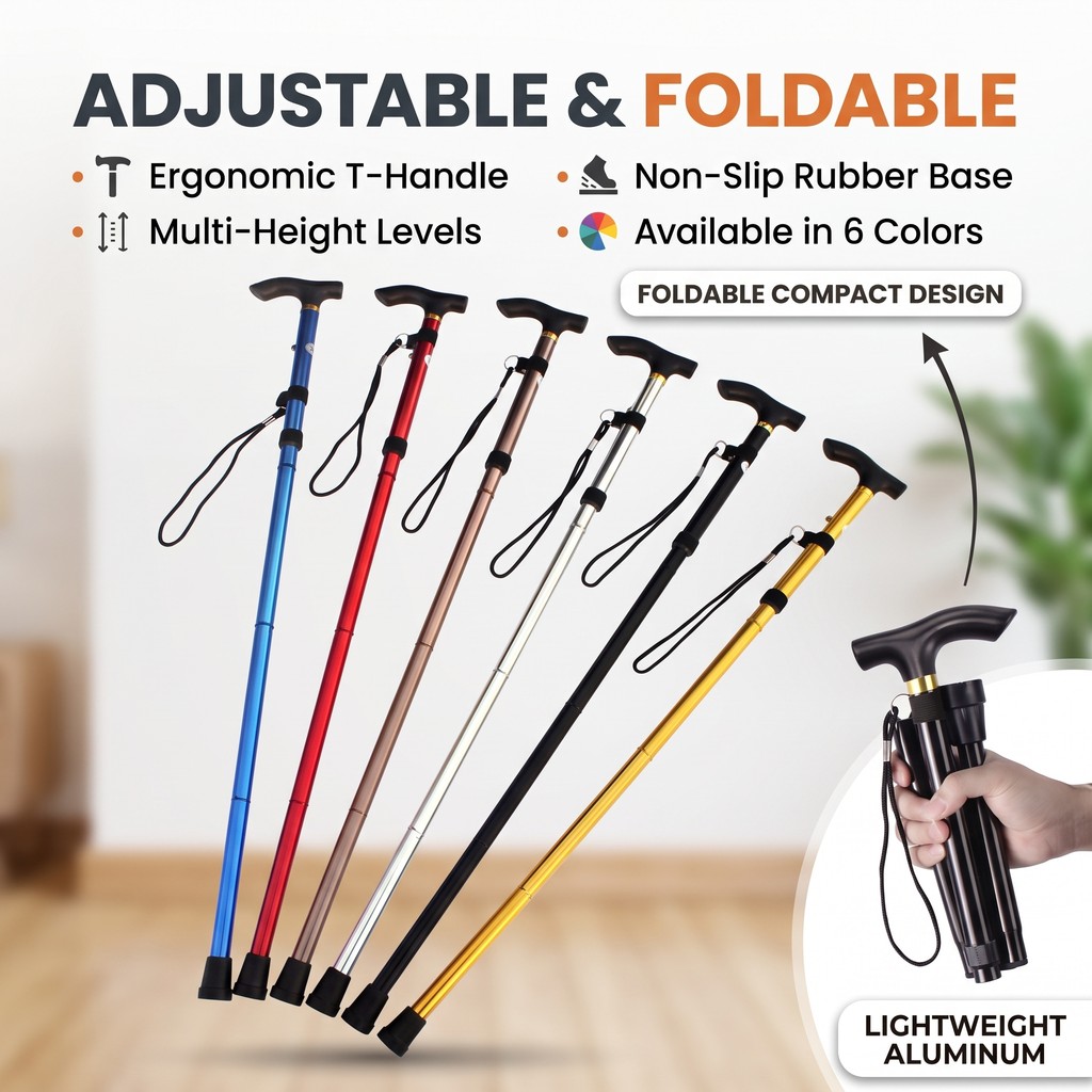 Foldable Walking Stick Tongkat Berjalan Lipat Aluminium Lightweight Adjustable Hiking Trekking Pole