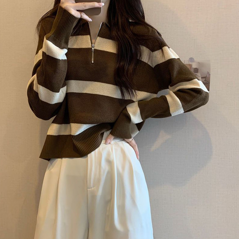 SL Striped Knitwear Women Niche Long Sleeved Bottoming Shirt Turn-down Collar Zipper Sweater