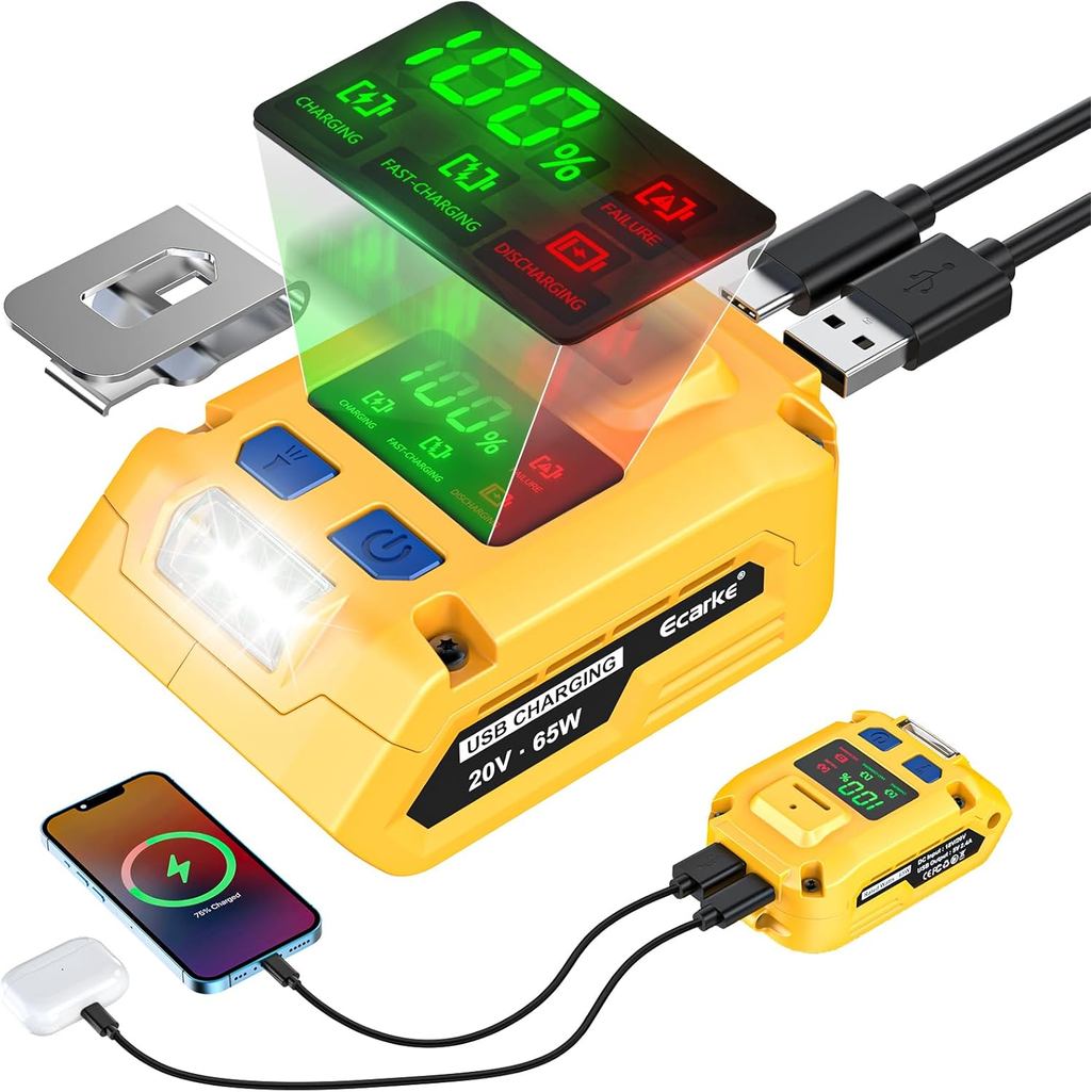 Pengecas Bateri & Inverter Kuasa 2-dalam-1 Ecarke Serasi dengan Bateri DeWALT 20V, Output USB-A 65W & Input/Output USB-B, untuk Kegunaan Kecemasan Semasa Perjalanan (Tanpa Bateri)