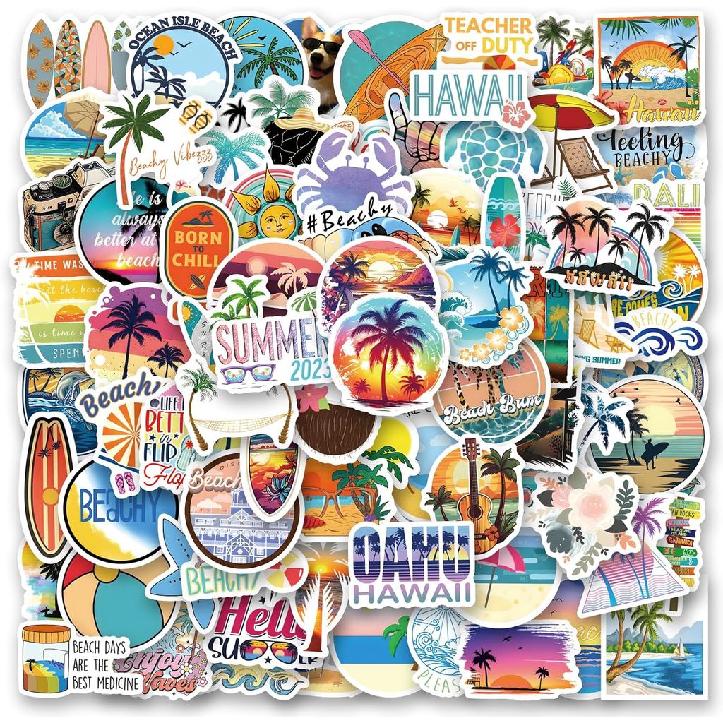150 Keping Pelekat Pantai Musim Panas |   Pelekat Vinyl Graffiti Hawaii untuk Buku Skrap, Jurnal, Komputer Riba, Bumper, Papan Luncur, Botol Air, Komputer, Telefon, Kartun, Topi Keselamatan, Pelekat Kereta