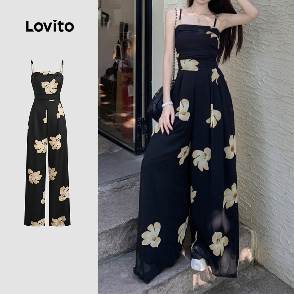 Lovito Vacation Floral Smocked Lace Up Bow Summer/Spring Jumpsuit for Women L132ED1033 Lovito Vacation Jumpsuit Musim Panas/musim Bunga Bertali Lace Up Untuk Wanita L132ED1033