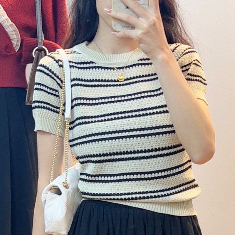 SL Women Summer French Style Top Small Fragrant Style Striped Short Sleeve  Thin Slim Fitting Knitwear