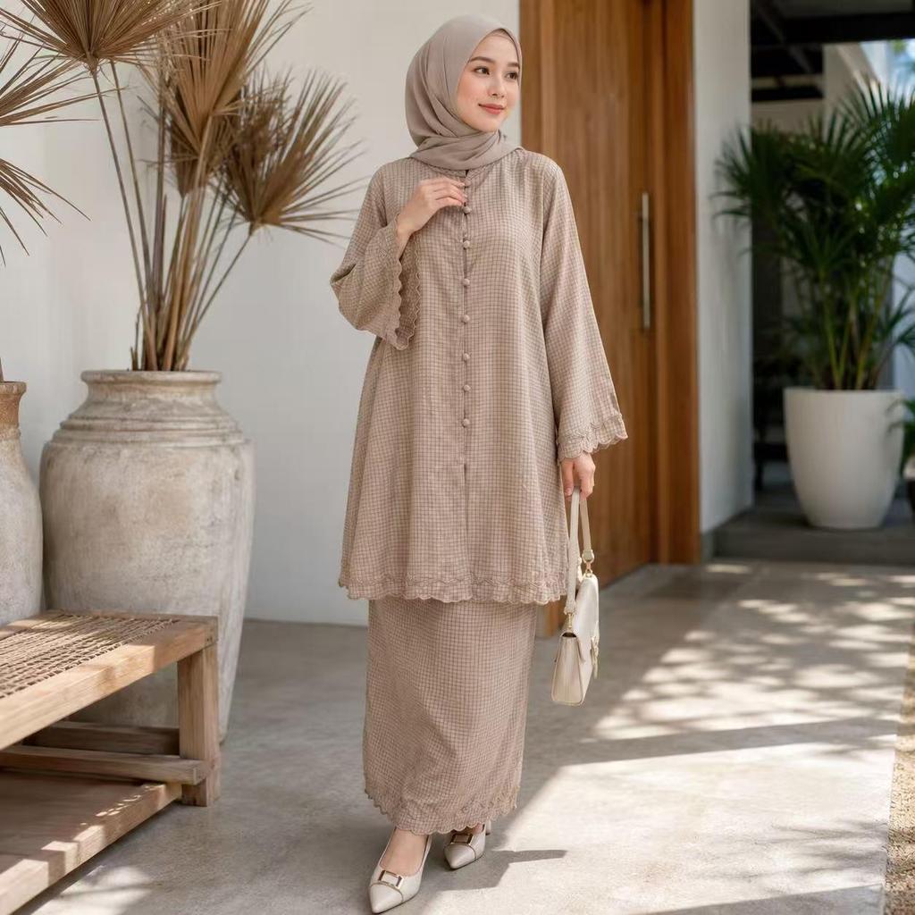 YAN@YAN Nadira Mini Check Embroidered Baju Kurung | Loose Fit Muslimah Set | Elegant Modest Wear-8611