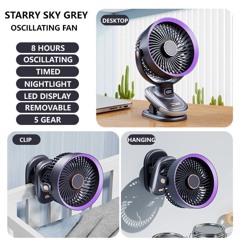 [Stok SG] Kipas Tanpa Wayar Berputar Automatik Kipas Mudah Alih Angin Kuat Bateri 10000mAh USB Dengan Lampu Kipas Klip Stroller Kecil