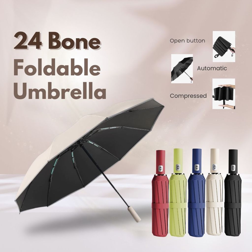 24-Rib Automatic Folding Umbrella UPF50+ Windproof Double Fiber Lightweight Portable Umbrella