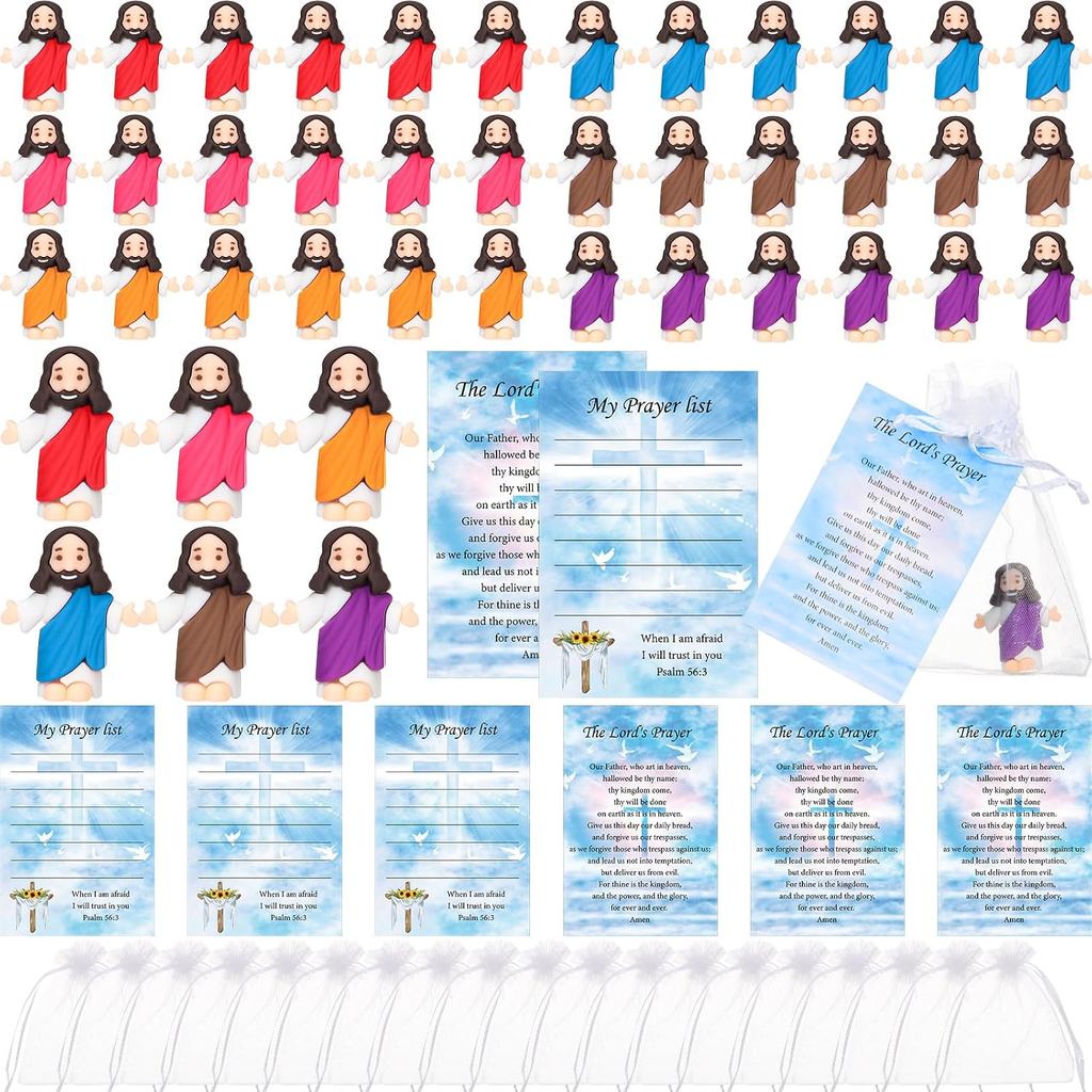 Barydat 50 Set Patung Mini Yesus dengan Kad Doa dan Beg, Patung Mini Yesus Kecil dalam Kuantiti Banyak untuk Isian Telur Paskah, Hadiah Pesta Keagamaan, Hadiah Baptis Sekolah Ahad