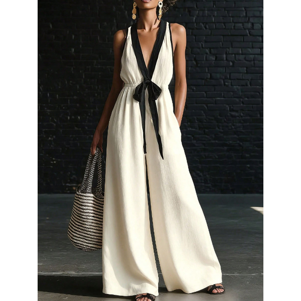 New Style Black White Contrast Color V-Neck Lace-Up Narrow-Waist Jumps