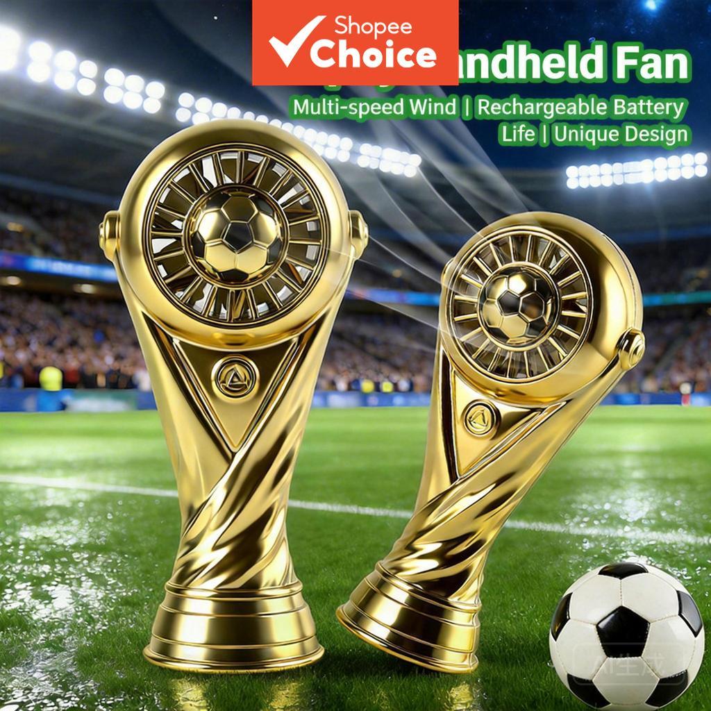 Wholesale Football Trophy-shaped Handheld USB Rechargeable Mini Fans with Creative Designs and 3-Speed Wind, Suitable for Desktops Kipas mini pegang tangan berbentuk trofi bola sepak dengan reka bentuk kreatif, boleh dicas semula USB, 3 kelajuan angin,