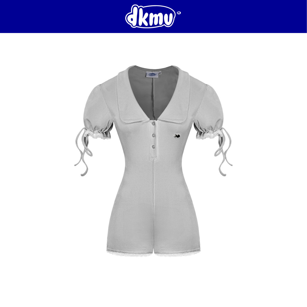 Women's short-sleeved jumpsuit with DKMV lace, bow-tie sleeve design, gray turn-down collar, lovely figure-hugging Se Na Jumpsuit | K-J1-X