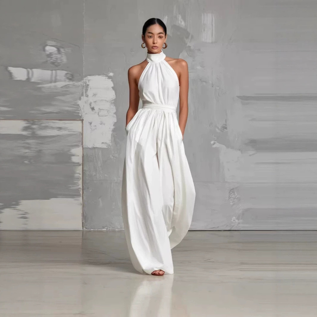 White Fashionable Classy Narrow-Waisted Pleated Cross-Border Jumps