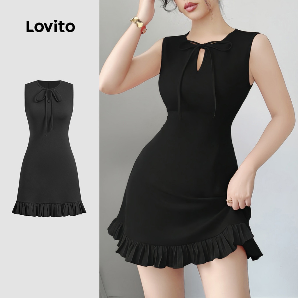 Lovito Glamorous Dress Hollow Ruffle Hem Lace Up Spring/summer Black Dress for Women L142ED957 Gaun Menawan dengan Potongan Hollow Ruffle Hem dan Lace Up untuk Musim Bawar/spring Berwarna hitam L142ED957