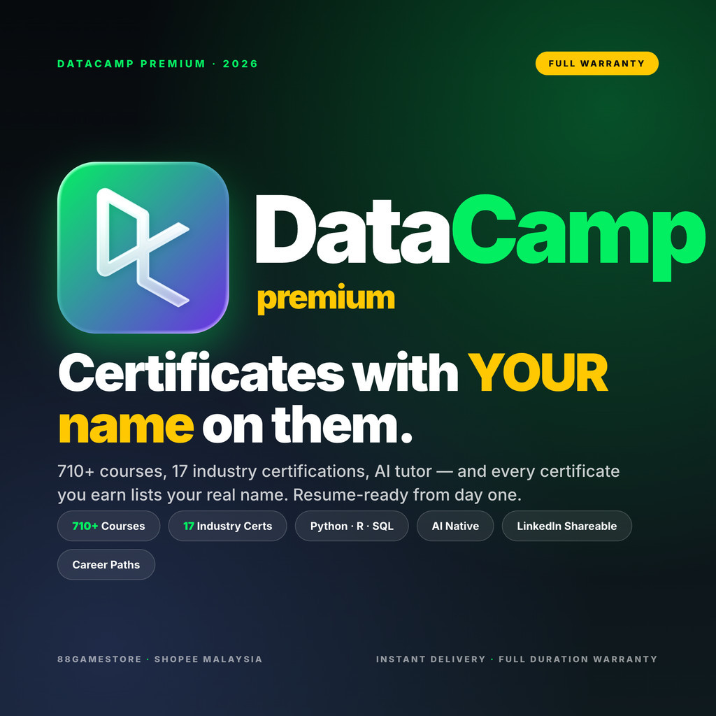 [INSTANT] DataCamp Premium Account | Certificates with YOUR Name | Python · R · SQL · AI · Power BI | 710+ Courses