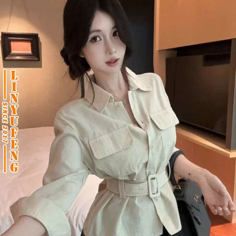 ?Linyufeng? Cargo Style Blouse Women Belted Waist Pocket Office Korean Style Long Sleeve Loose Casual Fashion Classy Elegant Fitted Ironless Ladies Shirt Top Baju ootd Kemeja Lengan Panjang Perempuan 