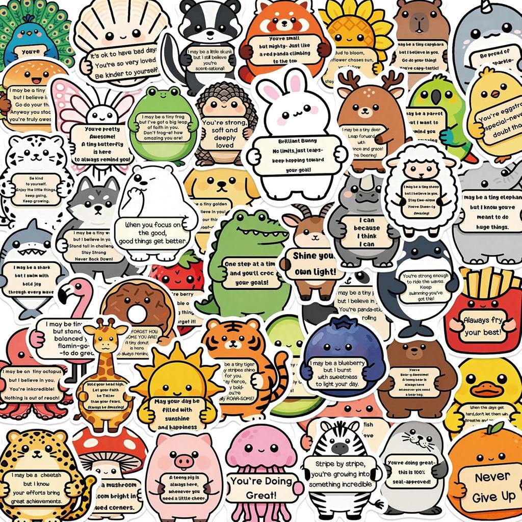 100PCS Pelekat Comel untuk Kanak-Kanak, Pelekat Haiwan Bermotivasi, Pelekat Inspirasi untuk Bilik Darjah Kanak-Kanak, Pelekat Vinyl Tahan Air untuk Botol Air, Komputer Riba, Buku Skrap, Visi