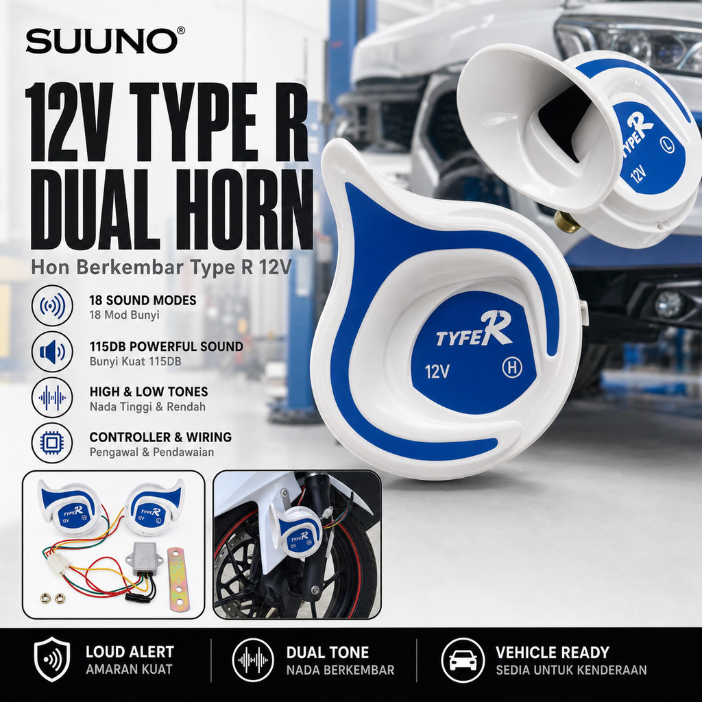 SUUNO Car TYPE R Car Digital Electric 12v Car Magic Horn Hon Kereta Car Horn Hon 18 Sounds Snail USB