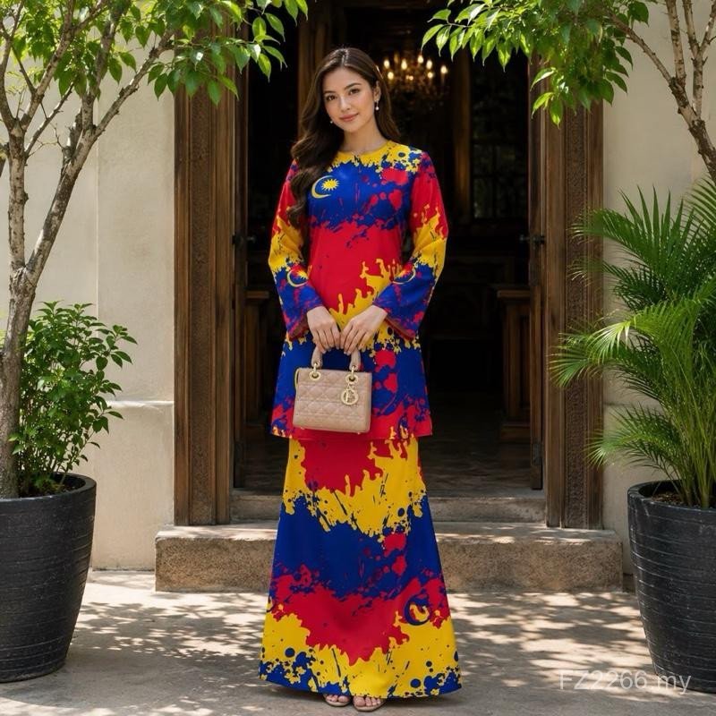 New Style Baju Kurung Moden Muslim Two-Piece Tie-Dye Baju Kurung Moden Long-Sleeved Top Long Skirt Suit Loose Opening Festival Party Ethnic Dress Multicolor Ready