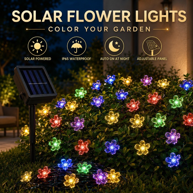 Solar Cherry Blossom String Lights LED Outdoor Lampu Raya Lampu Luar Ruang Ramadan Garden Home Decor