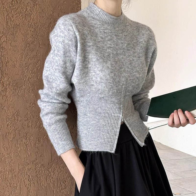 [Malaysia stock]SL Zipper Long Sleeved Knitwear Loose Solid Color Sweater Women Niche Versatile Knitwear Top