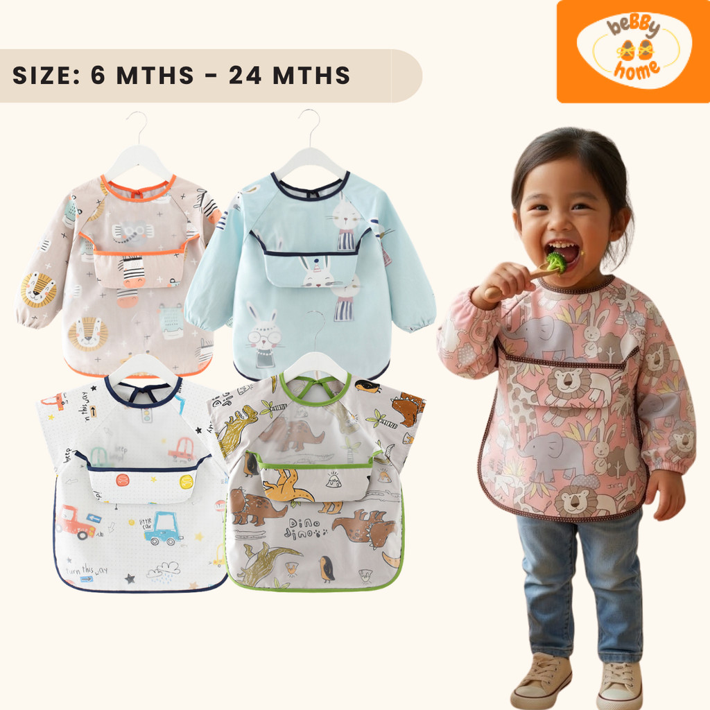 Baby Bibs 0-2Y Baby Feeding Bib Waterproof Eating Drawing Kalis Air Long Sleeve Short Cotton Apron Toddler BLW Baju Raya