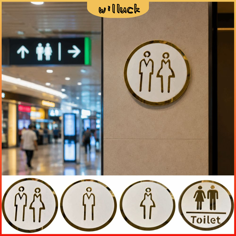 WILLUPH WC Signboard, Gold & White Bathroom Prompt, Creative Double-layer Acrylic Men & Women Restroom Sign for Public Use